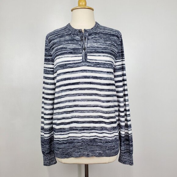 Express Black Gray White Striped Preppy Partial Button Front Sweater Top Size M - Picture 3 of 13